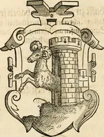 An illustration from Thurnier Buch : von Anfang, Vrsachen, Vrsprung vnd Herkommen der Thurnier im Heyligen Römischen Reich Teutscher Nation, wie viel offentlicher Landthurnier von Keyser Heinrich dem Ersten dieses Namens an biss auff den jetztregierenden Keyser Maximilian den Andern ... vnd in welchen Stetten die alle gehalten ... Alles jetzunder von neuwem zusammen getragen, mit schönen neuwen Figuren, sonderlich auch der adelischen Wappen, auffs schönest zugericht .. (1566)