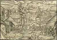 An illustration from Thurnier Buch : von Anfang, Vrsachen, Vrsprung vnd Herkommen der Thurnier im Heyligen Römischen Reich Teutscher Nation, wie viel offentlicher Landthurnier von Keyser Heinrich dem Ersten dieses Namens an biss auff den jetztregierenden Keyser Maximilian den Andern ... vnd in welchen Stetten die alle gehalten ... Alles jetzunder von neuwem zusammen getragen, mit schönen neuwen Figuren, sonderlich auch der adelischen Wappen, auffs schönest zugericht .. (1566)