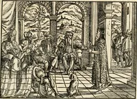 An illustration from Thurnier Buch : von Anfang, Vrsachen, Vrsprung vnd Herkommen der Thurnier im Heyligen Römischen Reich Teutscher Nation, wie viel offentlicher Landthurnier von Keyser Heinrich dem Ersten dieses Namens an biss auff den jetztregierenden Keyser Maximilian den Andern ... vnd in welchen Stetten die alle gehalten ... Alles jetzunder von neuwem zusammen getragen, mit schönen neuwen Figuren, sonderlich auch der adelischen Wappen, auffs schönest zugericht .. (1566)