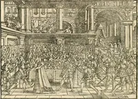 An illustration from Thurnier Buch : von Anfang, Vrsachen, Vrsprung vnd Herkommen der Thurnier im Heyligen Römischen Reich Teutscher Nation, wie viel offentlicher Landthurnier von Keyser Heinrich dem Ersten dieses Namens an biss auff den jetztregierenden Keyser Maximilian den Andern ... vnd in welchen Stetten die alle gehalten ... Alles jetzunder von neuwem zusammen getragen, mit schönen neuwen Figuren, sonderlich auch der adelischen Wappen, auffs schönest zugericht .. (1566)