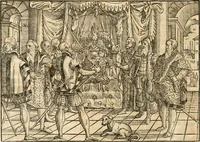 An illustration from Thurnier Buch : von Anfang, Vrsachen, Vrsprung vnd Herkommen der Thurnier im Heyligen Römischen Reich Teutscher Nation, wie viel offentlicher Landthurnier von Keyser Heinrich dem Ersten dieses Namens an biss auff den jetztregierenden Keyser Maximilian den Andern ... vnd in welchen Stetten die alle gehalten ... Alles jetzunder von neuwem zusammen getragen, mit schönen neuwen Figuren, sonderlich auch der adelischen Wappen, auffs schönest zugericht .. (1566)