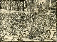 An illustration from Thurnier Buch : von Anfang, Vrsachen, Vrsprung vnd Herkommen der Thurnier im Heyligen Römischen Reich Teutscher Nation, wie viel offentlicher Landthurnier von Keyser Heinrich dem Ersten dieses Namens an biss auff den jetztregierenden Keyser Maximilian den Andern ... vnd in welchen Stetten die alle gehalten ... Alles jetzunder von neuwem zusammen getragen, mit schönen neuwen Figuren, sonderlich auch der adelischen Wappen, auffs schönest zugericht .. (1566)
