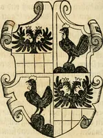 An illustration from Thurnier Buch : von Anfang, Vrsachen, Vrsprung vnd Herkommen der Thurnier im Heyligen Römischen Reich Teutscher Nation, wie viel offentlicher Landthurnier von Keyser Heinrich dem Ersten dieses Namens an biss auff den jetztregierenden Keyser Maximilian den Andern ... vnd in welchen Stetten die alle gehalten ... Alles jetzunder von neuwem zusammen getragen, mit schönen neuwen Figuren, sonderlich auch der adelischen Wappen, auffs schönest zugericht .. (1566)