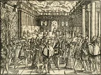 An illustration from Thurnier Buch : von Anfang, Vrsachen, Vrsprung vnd Herkommen der Thurnier im Heyligen Römischen Reich Teutscher Nation, wie viel offentlicher Landthurnier von Keyser Heinrich dem Ersten dieses Namens an biss auff den jetztregierenden Keyser Maximilian den Andern ... vnd in welchen Stetten die alle gehalten ... Alles jetzunder von neuwem zusammen getragen, mit schönen neuwen Figuren, sonderlich auch der adelischen Wappen, auffs schönest zugericht .. (1566)