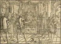 An illustration from Thurnier Buch : von Anfang, Vrsachen, Vrsprung vnd Herkommen der Thurnier im Heyligen Römischen Reich Teutscher Nation, wie viel offentlicher Landthurnier von Keyser Heinrich dem Ersten dieses Namens an biss auff den jetztregierenden Keyser Maximilian den Andern ... vnd in welchen Stetten die alle gehalten ... Alles jetzunder von neuwem zusammen getragen, mit schönen neuwen Figuren, sonderlich auch der adelischen Wappen, auffs schönest zugericht .. (1566)