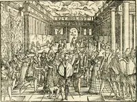An illustration from Thurnier Buch : von Anfang, Vrsachen, Vrsprung vnd Herkommen der Thurnier im Heyligen Römischen Reich Teutscher Nation, wie viel offentlicher Landthurnier von Keyser Heinrich dem Ersten dieses Namens an biss auff den jetztregierenden Keyser Maximilian den Andern ... vnd in welchen Stetten die alle gehalten ... Alles jetzunder von neuwem zusammen getragen, mit schönen neuwen Figuren, sonderlich auch der adelischen Wappen, auffs schönest zugericht .. (1566)