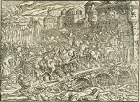 An illustration from Thurnier Buch : von Anfang, Vrsachen, Vrsprung vnd Herkommen der Thurnier im Heyligen Römischen Reich Teutscher Nation, wie viel offentlicher Landthurnier von Keyser Heinrich dem Ersten dieses Namens an biss auff den jetztregierenden Keyser Maximilian den Andern ... vnd in welchen Stetten die alle gehalten ... Alles jetzunder von neuwem zusammen getragen, mit schönen neuwen Figuren, sonderlich auch der adelischen Wappen, auffs schönest zugericht .. (1566)