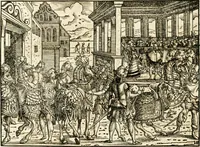An illustration from Thurnier Buch : von Anfang, Vrsachen, Vrsprung vnd Herkommen der Thurnier im Heyligen Römischen Reich Teutscher Nation, wie viel offentlicher Landthurnier von Keyser Heinrich dem Ersten dieses Namens an biss auff den jetztregierenden Keyser Maximilian den Andern ... vnd in welchen Stetten die alle gehalten ... Alles jetzunder von neuwem zusammen getragen, mit schönen neuwen Figuren, sonderlich auch der adelischen Wappen, auffs schönest zugericht .. (1566)