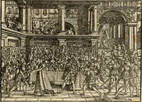 Picture 22 of 297 from Thurnier Buch : von Anfang, Vrsachen, Vrsprung vnd Herkommen der Thurnier im Heyligen Römischen Reich Teutscher Nation, wie viel offentlicher Landthurnier von Keyser Heinrich dem Ersten dieses Namens an biss auff den jetztregierenden Keyser Maximilian den Andern ... vnd in welchen Stetten die alle gehalten ... Alles jetzunder von neuwem zusammen getragen, mit schönen neuwen Figuren, sonderlich auch der adelischen Wappen, auffs schönest zugericht .. (1566), leaf 42