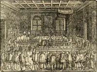 An illustration from Thurnier Buch : von Anfang, Vrsachen, Vrsprung vnd Herkommen der Thurnier im Heyligen Römischen Reich Teutscher Nation, wie viel offentlicher Landthurnier von Keyser Heinrich dem Ersten dieses Namens an biss auff den jetztregierenden Keyser Maximilian den Andern ... vnd in welchen Stetten die alle gehalten ... Alles jetzunder von neuwem zusammen getragen, mit schönen neuwen Figuren, sonderlich auch der adelischen Wappen, auffs schönest zugericht .. (1566)