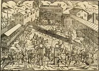 An illustration from Thurnier Buch : von Anfang, Vrsachen, Vrsprung vnd Herkommen der Thurnier im Heyligen Römischen Reich Teutscher Nation, wie viel offentlicher Landthurnier von Keyser Heinrich dem Ersten dieses Namens an biss auff den jetztregierenden Keyser Maximilian den Andern ... vnd in welchen Stetten die alle gehalten ... Alles jetzunder von neuwem zusammen getragen, mit schönen neuwen Figuren, sonderlich auch der adelischen Wappen, auffs schönest zugericht .. (1566)