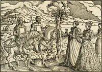 An illustration from Thurnier Buch : von Anfang, Vrsachen, Vrsprung vnd Herkommen der Thurnier im Heyligen Römischen Reich Teutscher Nation, wie viel offentlicher Landthurnier von Keyser Heinrich dem Ersten dieses Namens an biss auff den jetztregierenden Keyser Maximilian den Andern ... vnd in welchen Stetten die alle gehalten ... Alles jetzunder von neuwem zusammen getragen, mit schönen neuwen Figuren, sonderlich auch der adelischen Wappen, auffs schönest zugericht .. (1566)