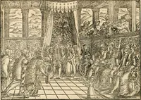 An illustration from Thurnier Buch : von Anfang, Vrsachen, Vrsprung vnd Herkommen der Thurnier im Heyligen Römischen Reich Teutscher Nation, wie viel offentlicher Landthurnier von Keyser Heinrich dem Ersten dieses Namens an biss auff den jetztregierenden Keyser Maximilian den Andern ... vnd in welchen Stetten die alle gehalten ... Alles jetzunder von neuwem zusammen getragen, mit schönen neuwen Figuren, sonderlich auch der adelischen Wappen, auffs schönest zugericht .. (1566)