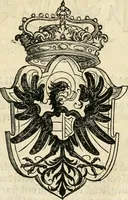 An illustration from Thurnier Buch : von Anfang, Vrsachen, Vrsprung vnd Herkommen der Thurnier im Heyligen Römischen Reich Teutscher Nation, wie viel offentlicher Landthurnier von Keyser Heinrich dem Ersten dieses Namens an biss auff den jetztregierenden Keyser Maximilian den Andern ... vnd in welchen Stetten die alle gehalten ... Alles jetzunder von neuwem zusammen getragen, mit schönen neuwen Figuren, sonderlich auch der adelischen Wappen, auffs schönest zugericht .. (1566)