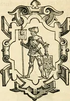 An illustration from Thurnier Buch : von Anfang, Vrsachen, Vrsprung vnd Herkommen der Thurnier im Heyligen Römischen Reich Teutscher Nation, wie viel offentlicher Landthurnier von Keyser Heinrich dem Ersten dieses Namens an biss auff den jetztregierenden Keyser Maximilian den Andern ... vnd in welchen Stetten die alle gehalten ... Alles jetzunder von neuwem zusammen getragen, mit schönen neuwen Figuren, sonderlich auch der adelischen Wappen, auffs schönest zugericht .. (1566)