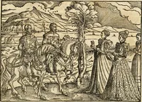 An illustration from Thurnier Buch : von Anfang, Vrsachen, Vrsprung vnd Herkommen der Thurnier im Heyligen Römischen Reich Teutscher Nation, wie viel offentlicher Landthurnier von Keyser Heinrich dem Ersten dieses Namens an biss auff den jetztregierenden Keyser Maximilian den Andern ... vnd in welchen Stetten die alle gehalten ... Alles jetzunder von neuwem zusammen getragen, mit schönen neuwen Figuren, sonderlich auch der adelischen Wappen, auffs schönest zugericht .. (1566)