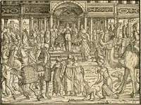 An illustration from Thurnier Buch : von Anfang, Vrsachen, Vrsprung vnd Herkommen der Thurnier im Heyligen Römischen Reich Teutscher Nation, wie viel offentlicher Landthurnier von Keyser Heinrich dem Ersten dieses Namens an biss auff den jetztregierenden Keyser Maximilian den Andern ... vnd in welchen Stetten die alle gehalten ... Alles jetzunder von neuwem zusammen getragen, mit schönen neuwen Figuren, sonderlich auch der adelischen Wappen, auffs schönest zugericht .. (1566)