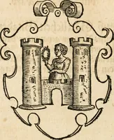 An illustration from Thurnier Buch : von Anfang, Vrsachen, Vrsprung vnd Herkommen der Thurnier im Heyligen Römischen Reich Teutscher Nation, wie viel offentlicher Landthurnier von Keyser Heinrich dem Ersten dieses Namens an biss auff den jetztregierenden Keyser Maximilian den Andern ... vnd in welchen Stetten die alle gehalten ... Alles jetzunder von neuwem zusammen getragen, mit schönen neuwen Figuren, sonderlich auch der adelischen Wappen, auffs schönest zugericht .. (1566)