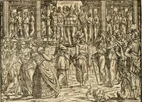 An illustration from Thurnier Buch : von Anfang, Vrsachen, Vrsprung vnd Herkommen der Thurnier im Heyligen Römischen Reich Teutscher Nation, wie viel offentlicher Landthurnier von Keyser Heinrich dem Ersten dieses Namens an biss auff den jetztregierenden Keyser Maximilian den Andern ... vnd in welchen Stetten die alle gehalten ... Alles jetzunder von neuwem zusammen getragen, mit schönen neuwen Figuren, sonderlich auch der adelischen Wappen, auffs schönest zugericht .. (1566)