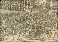 An illustration from Thurnier Buch : von Anfang, Vrsachen, Vrsprung vnd Herkommen der Thurnier im Heyligen Römischen Reich Teutscher Nation, wie viel offentlicher Landthurnier von Keyser Heinrich dem Ersten dieses Namens an biss auff den jetztregierenden Keyser Maximilian den Andern ... vnd in welchen Stetten die alle gehalten ... Alles jetzunder von neuwem zusammen getragen, mit schönen neuwen Figuren, sonderlich auch der adelischen Wappen, auffs schönest zugericht .. (1566)