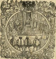 An illustration from Thurnier Buch : von Anfang, Vrsachen, Vrsprung vnd Herkommen der Thurnier im Heyligen Römischen Reich Teutscher Nation, wie viel offentlicher Landthurnier von Keyser Heinrich dem Ersten dieses Namens an biss auff den jetztregierenden Keyser Maximilian den Andern ... vnd in welchen Stetten die alle gehalten ... Alles jetzunder von neuwem zusammen getragen, mit schönen neuwen Figuren, sonderlich auch der adelischen Wappen, auffs schönest zugericht .. (1566)