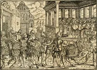 An illustration from Thurnier Buch : von Anfang, Vrsachen, Vrsprung vnd Herkommen der Thurnier im Heyligen Römischen Reich Teutscher Nation, wie viel offentlicher Landthurnier von Keyser Heinrich dem Ersten dieses Namens an biss auff den jetztregierenden Keyser Maximilian den Andern ... vnd in welchen Stetten die alle gehalten ... Alles jetzunder von neuwem zusammen getragen, mit schönen neuwen Figuren, sonderlich auch der adelischen Wappen, auffs schönest zugericht .. (1566)