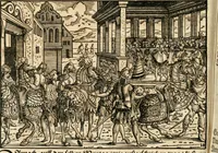 An illustration from Thurnier Buch : von Anfang, Vrsachen, Vrsprung vnd Herkommen der Thurnier im Heyligen Römischen Reich Teutscher Nation, wie viel offentlicher Landthurnier von Keyser Heinrich dem Ersten dieses Namens an biss auff den jetztregierenden Keyser Maximilian den Andern ... vnd in welchen Stetten die alle gehalten ... Alles jetzunder von neuwem zusammen getragen, mit schönen neuwen Figuren, sonderlich auch der adelischen Wappen, auffs schönest zugericht .. (1566)