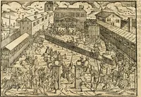An illustration from Thurnier Buch : von Anfang, Vrsachen, Vrsprung vnd Herkommen der Thurnier im Heyligen Römischen Reich Teutscher Nation, wie viel offentlicher Landthurnier von Keyser Heinrich dem Ersten dieses Namens an biss auff den jetztregierenden Keyser Maximilian den Andern ... vnd in welchen Stetten die alle gehalten ... Alles jetzunder von neuwem zusammen getragen, mit schönen neuwen Figuren, sonderlich auch der adelischen Wappen, auffs schönest zugericht .. (1566)