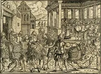 An illustration from Thurnier Buch : von Anfang, Vrsachen, Vrsprung vnd Herkommen der Thurnier im Heyligen Römischen Reich Teutscher Nation, wie viel offentlicher Landthurnier von Keyser Heinrich dem Ersten dieses Namens an biss auff den jetztregierenden Keyser Maximilian den Andern ... vnd in welchen Stetten die alle gehalten ... Alles jetzunder von neuwem zusammen getragen, mit schönen neuwen Figuren, sonderlich auch der adelischen Wappen, auffs schönest zugericht .. (1566)