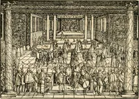 An illustration from Thurnier Buch : von Anfang, Vrsachen, Vrsprung vnd Herkommen der Thurnier im Heyligen Römischen Reich Teutscher Nation, wie viel offentlicher Landthurnier von Keyser Heinrich dem Ersten dieses Namens an biss auff den jetztregierenden Keyser Maximilian den Andern ... vnd in welchen Stetten die alle gehalten ... Alles jetzunder von neuwem zusammen getragen, mit schönen neuwen Figuren, sonderlich auch der adelischen Wappen, auffs schönest zugericht .. (1566)