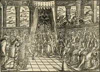 An illustration from Thurnier Buch : von Anfang, Vrsachen, Vrsprung vnd Herkommen der Thurnier im Heyligen Römischen Reich Teutscher Nation, wie viel offentlicher Landthurnier von Keyser Heinrich dem Ersten dieses Namens an biss auff den jetztregierenden Keyser Maximilian den Andern ... vnd in welchen Stetten die alle gehalten ... Alles jetzunder von neuwem zusammen getragen, mit schönen neuwen Figuren, sonderlich auch der adelischen Wappen, auffs schönest zugericht .. (1566)