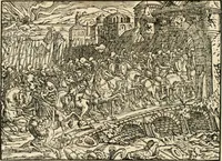 An illustration from Thurnier Buch : von Anfang, Vrsachen, Vrsprung vnd Herkommen der Thurnier im Heyligen Römischen Reich Teutscher Nation, wie viel offentlicher Landthurnier von Keyser Heinrich dem Ersten dieses Namens an biss auff den jetztregierenden Keyser Maximilian den Andern ... vnd in welchen Stetten die alle gehalten ... Alles jetzunder von neuwem zusammen getragen, mit schönen neuwen Figuren, sonderlich auch der adelischen Wappen, auffs schönest zugericht .. (1566)
