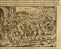 An illustration from Titi Livii Patavini Romanæ historiæ principis libri omnes qvotqvot ad nostram ætatem peruenerunt : vna cvm doctissimorvm virorvm in eos lucubrationibus, post omnes aliorum editiones, summa fide ac diligentia, & veterum & recentiorum exemplarium collatione nunc denuo recogniti, plurimusq[ue] in locis castigati, & artificiosis picturis, præcipuas historias aptè representantibus, exornati, inq[ue] duos tomos distributi, quibus quæ contineantur, post præfationem patebit : cum indice copiosissimo (1578)
