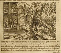 An illustration from Titi Livii Patavini Romanæ historiæ principis libri omnes qvotqvot ad nostram ætatem peruenerunt : vna cvm doctissimorvm virorvm in eos lucubrationibus, post omnes aliorum editiones, summa fide ac diligentia, & veterum & recentiorum exemplarium collatione nunc denuo recogniti, plurimusq[ue] in locis castigati, & artificiosis picturis, præcipuas historias aptè representantibus, exornati, inq[ue] duos tomos distributi, quibus quæ contineantur, post præfationem patebit : cum indice copiosissimo (1578)