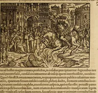 An illustration from Titi Livii Patavini Romanæ historiæ principis libri omnes qvotqvot ad nostram ætatem peruenerunt : vna cvm doctissimorvm virorvm in eos lucubrationibus, post omnes aliorum editiones, summa fide ac diligentia, & veterum & recentiorum exemplarium collatione nunc denuo recogniti, plurimusq[ue] in locis castigati, & artificiosis picturis, præcipuas historias aptè representantibus, exornati, inq[ue] duos tomos distributi, quibus quæ contineantur, post præfationem patebit : cum indice copiosissimo (1578)
