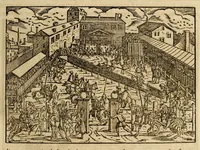 An illustration from Titi Livii Patavini Romanæ historiæ principis libri omnes qvotqvot ad nostram ætatem peruenerunt : vna cvm doctissimorvm virorvm in eos lucubrationibus, post omnes aliorum editiones, summa fide ac diligentia, & veterum & recentiorum exemplarium collatione nunc denuo recogniti, plurimusq[ue] in locis castigati, & artificiosis picturis, præcipuas historias aptè representantibus, exornati, inq[ue] duos tomos distributi, quibus quæ contineantur, post præfationem patebit : cum indice copiosissimo (1578)