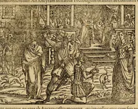 An illustration from Titi Livii Patavini Romanæ historiæ principis libri omnes qvotqvot ad nostram ætatem peruenerunt : vna cvm doctissimorvm virorvm in eos lucubrationibus, post omnes aliorum editiones, summa fide ac diligentia, & veterum & recentiorum exemplarium collatione nunc denuo recogniti, plurimusq[ue] in locis castigati, & artificiosis picturis, præcipuas historias aptè representantibus, exornati, inq[ue] duos tomos distributi, quibus quæ contineantur, post præfationem patebit : cum indice copiosissimo (1578)