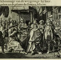 An illustration from Tooneel van de mannelicke achtbaerheyt : aen-gewesen in de voor-sprake, teghen-sprake, ende uyt-sprake gedaen over de weygheringhe van de Koninginne Vasthi, aen de ghesanten des Konincx Assuerus : tot verbeteringe van de huys-gebreken deser eeuwe (1622)