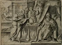 An illustration from Toonneel des menschelikken levens : Of de vernieuwde gulden winkel ; waer in door poëtische, historische, morale, en schriftuurlikke leeringen, den mensche vertoont werdt, hoedanigh hy zijn leven, handel, en wandel, zediglik, eerbaarlik en vermakelik fal overbrengen (1661)