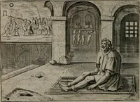 An illustration from Toonneel des menschelikken levens : Of de vernieuwde gulden winkel ; waer in door poëtische, historische, morale, en schriftuurlikke leeringen, den mensche vertoont werdt, hoedanigh hy zijn leven, handel, en wandel, zediglik, eerbaarlik en vermakelik fal overbrengen (1661)