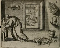 An illustration from Toonneel des menschelikken levens : Of de vernieuwde gulden winkel ; waer in door poëtische, historische, morale, en schriftuurlikke leeringen, den mensche vertoont werdt, hoedanigh hy zijn leven, handel, en wandel, zediglik, eerbaarlik en vermakelik fal overbrengen (1661)