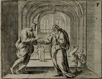 An illustration from Toonneel des menschelikken levens : Of de vernieuwde gulden winkel ; waer in door poëtische, historische, morale, en schriftuurlikke leeringen, den mensche vertoont werdt, hoedanigh hy zijn leven, handel, en wandel, zediglik, eerbaarlik en vermakelik fal overbrengen (1661)