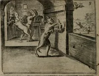 An illustration from Toonneel des menschelikken levens : Of de vernieuwde gulden winkel ; waer in door poëtische, historische, morale, en schriftuurlikke leeringen, den mensche vertoont werdt, hoedanigh hy zijn leven, handel, en wandel, zediglik, eerbaarlik en vermakelik fal overbrengen (1661)