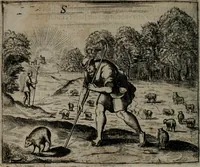 An illustration from Toonneel des menschelikken levens : Of de vernieuwde gulden winkel ; waer in door poëtische, historische, morale, en schriftuurlikke leeringen, den mensche vertoont werdt, hoedanigh hy zijn leven, handel, en wandel, zediglik, eerbaarlik en vermakelik fal overbrengen (1661)
