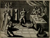 An illustration from Toonneel des menschelikken levens : Of de vernieuwde gulden winkel ; waer in door poëtische, historische, morale, en schriftuurlikke leeringen, den mensche vertoont werdt, hoedanigh hy zijn leven, handel, en wandel, zediglik, eerbaarlik en vermakelik fal overbrengen (1661)