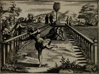 An illustration from Toonneel des menschelikken levens : Of de vernieuwde gulden winkel ; waer in door poëtische, historische, morale, en schriftuurlikke leeringen, den mensche vertoont werdt, hoedanigh hy zijn leven, handel, en wandel, zediglik, eerbaarlik en vermakelik fal overbrengen (1661)