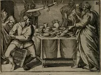An illustration from Toonneel des menschelikken levens : Of de vernieuwde gulden winkel ; waer in door poëtische, historische, morale, en schriftuurlikke leeringen, den mensche vertoont werdt, hoedanigh hy zijn leven, handel, en wandel, zediglik, eerbaarlik en vermakelik fal overbrengen (1661)