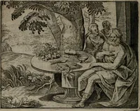 An illustration from Toonneel des menschelikken levens : Of de vernieuwde gulden winkel ; waer in door poëtische, historische, morale, en schriftuurlikke leeringen, den mensche vertoont werdt, hoedanigh hy zijn leven, handel, en wandel, zediglik, eerbaarlik en vermakelik fal overbrengen (1661)