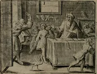 An illustration from Toonneel des menschelikken levens : Of de vernieuwde gulden winkel ; waer in door poëtische, historische, morale, en schriftuurlikke leeringen, den mensche vertoont werdt, hoedanigh hy zijn leven, handel, en wandel, zediglik, eerbaarlik en vermakelik fal overbrengen (1661)