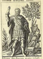An illustration from Tractatus posthumus Jani Jacobi Boissardi Vesuntini De divinatione & magicis praestigiis : quarum veritas ac vanitas solidè exponitur per descriptionem deorum fatidicorum qui olim responsa dederunt : eorundemque prophetarum, sacerdotum, phoebadum, sybyllarum & divinorum, qui priscis temporibus celebres oraculis exstiterunt ; adjunctis simul omnium effigiebus, ab ipso autore e gemmis, marmoribus, tabulisq[ue] antiquis ad vivum delineatus : jam modo eleganter aeri incisis per Joh. Theodor. de Bry .. (1615)